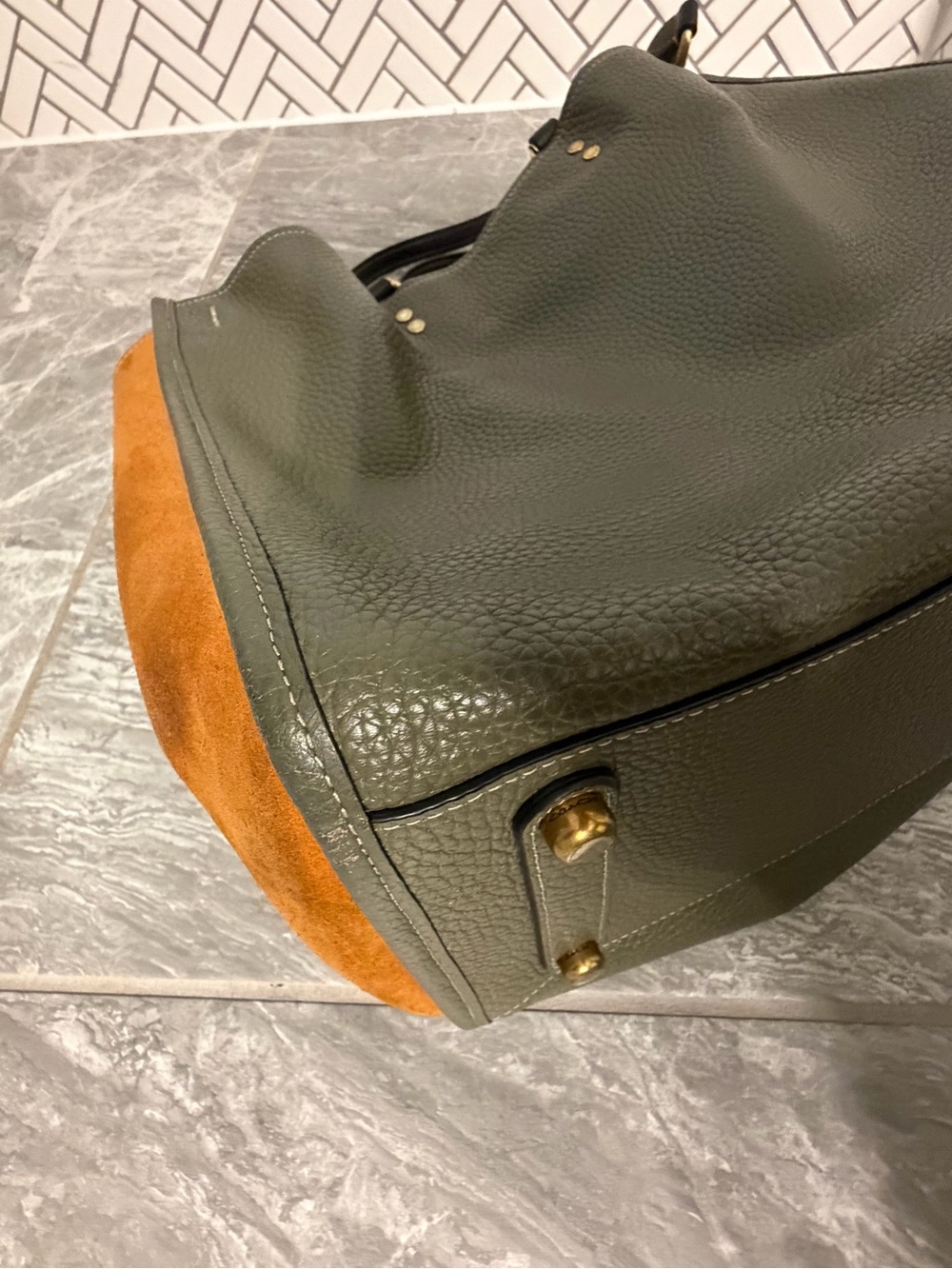 Coach Rogue 39 Olive Green Leather Tote with Cognac Suede Side Panels - Picture 15 of 16